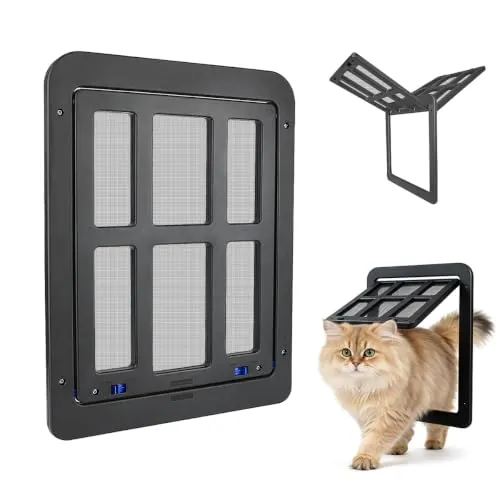 ENJOYING Katzenklappe für Fliegengitter, Kleine Hundeklappe Fliegengittertür mit Ersatz-Magnettür, Haustiertüren für Schiebetüren Fenstertür, Automatisch schließen, Verriegelbar, Schwarz