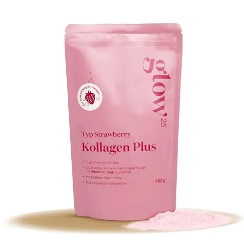 Glow25® Collagen Plus Typ Strawberry - 450g Pulver für dein Beauty-Ritual - Collagen Pulver mit fruchtigem Erdbeer-Aroma, angereichert mit Vitamin C, Zink und Biotin. Verwandelt Wasser in ein köstliches Getränk für deine Schönheit!