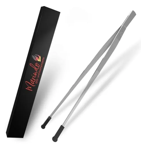 Marindo® Grillpinzette | Kochpinzette | Küchenpinzette | 30cm lang | rostfreier Edelstahl | spülmaschinenfest | gerade Form | Fleischpinzette | Bratpinzette (Edelstahl 30cm Silikonspitzen)