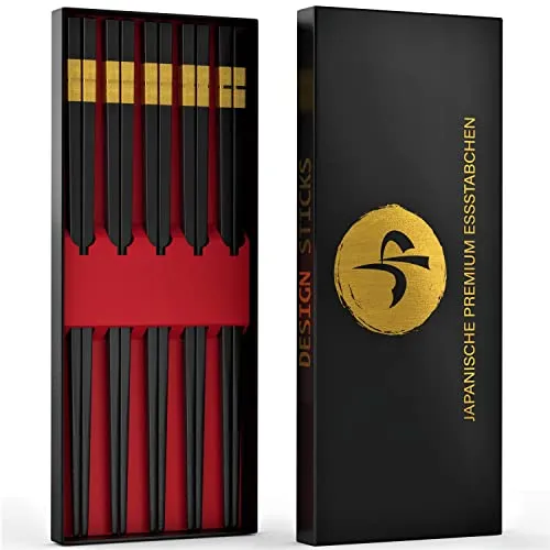 JP Design 5er Set Premium Essstäbchen, Fiberglas, Spülmaschinenfest, Sushi Zubehör inklusive schwarzer Geschenk-Box + Gratis Sushi Rezepte E-Book
