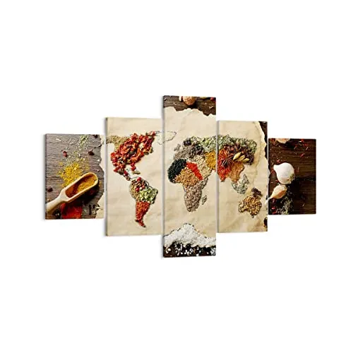 Mehrteilige Bilder auf Leinwand Welt Karte Gewürze Farben Leinwandbild 125x70cm Wandbilder Dekoration Wohnzimmer Schlafzimmer Set 5 teilige Klein Wanddeko Bild Wand Kunstdruck Art Canvas EA125x70-2832