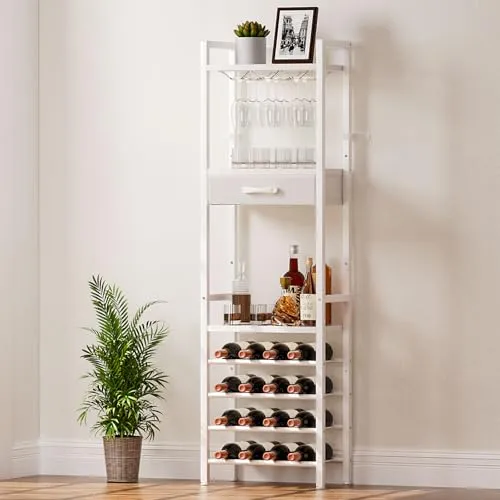 Yorbay Weinregal für 16 Flaschen, 4-Stöckiges Freistehendes Weinregal mit Glashaltere und Schublade, Vintage Flaschenregal aus Metall mit Ablagen für Bar, Küche, Esszimmer, Boden (Weiß)