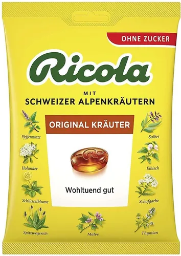 Ricola ohne Zucker Kräuter Bonbons - Arzneimittel mit 13 Schweizer Alpenkräutern, zuckerfrei und wohltuend für den Hals – ideal für eine gesunde Erfrischung.