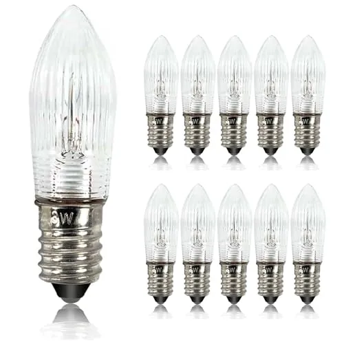 Luxvista 3W E10 12V Ersatzbirnen für Lichterketten (10er Pack) - E10 3W Glühbirnen mit dimmbarem warmweißem Licht (2800K) für stimmungsvolle Atmosphäre. Ideal für Lichterketten, Schwibbögen und Weihnachtsdekoration. Einfache Installation und langlebiges Design.