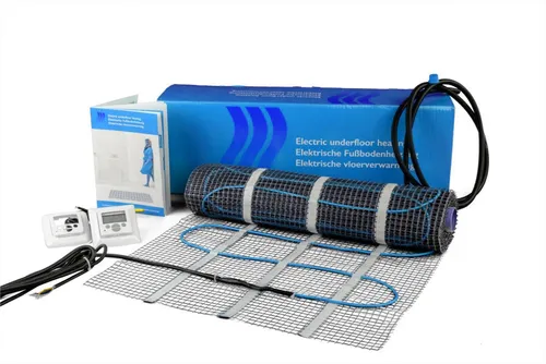 ratiodämm Fußbodenheizung-Matte 8m² Komplettset - Ausrollbare Elektro-Flächenheizung für einfache Nachrüstung unter Fliesen, inklusive hochwertigem digitalen Thermostat und minimaler Aufbauhöhe von nur 4 mm.
