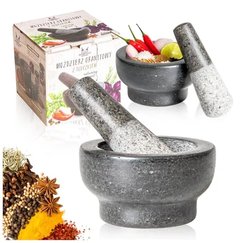 Granit-Mörser mit Stößel – robuster Naturstein-Mörser 9×5 cm für Gewürze, Kräuter, Pesto & Pasten – rutschfest, langlebig, ideal für Küche & Kochen