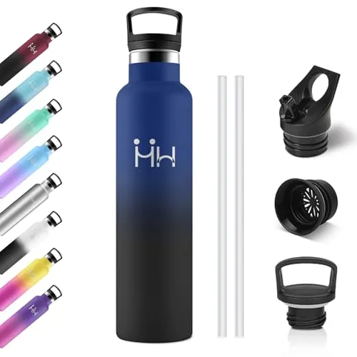 Thermosflasche 1L, Edelstahl Trinkflasche mit Strohhalm, BPA-Frei, Vakuum Thermosflasche, Einhandöffnung, Kohlensäure Geeignet, Isolierte Wasserflasche für Fahrrad, Picknick, Gym, Uni, Camping