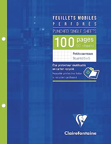Clairefontaine 1332C - Packung mit 50 Blatt Ringbucheinlagen 17x22 cm, 90g, 2-fach gelocht, kariert 5/5, Weiß, 1 Pack