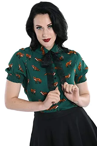 Hell Bunny Vixey Fuchs Retro Vintage Bluse - Grün (L) - Bluse im 1950er Jahre Stil mit einzigartigem Fuchsdruck, abnehmbarer Organzakrawatte und elastischen Ärmelbündchen, ideal für Vintage-Liebhaberinnen.