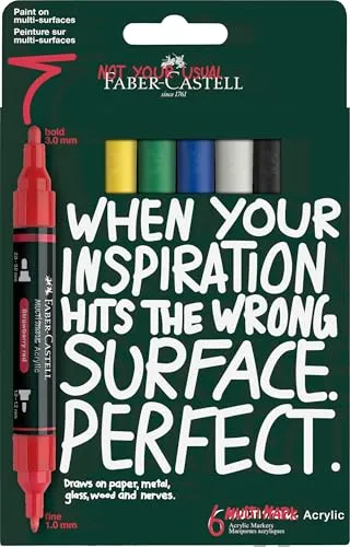 Faber-Castell 186003 - Multimark Acrylic Marker Set, 6 Acrylstifte mit Doppelspitze in Basic Farben, wasserfest und schnelltrocknend