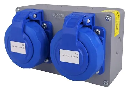 RoadEu – Doppelsteckdose 2X Schuko 230V 16A IP67 Wasserdicht | Baustromverteiler mit Schraubkappen | 2,5 mm² Verdrahtung & Außensteckdose
