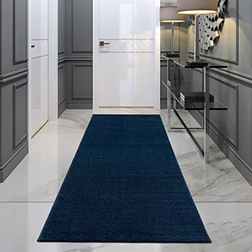 Teppich Läufer Flur - Einfarbig Blau 80x300 cm - Läufer aus Polypropylen mit edlem Hochtief-Effekt im Streifen-Look, ideal für Wohnzimmer, Schlafzimmer oder Flur. Fußbodenheizung geeignet und pflegeleicht für langanhaltende Schönheit.