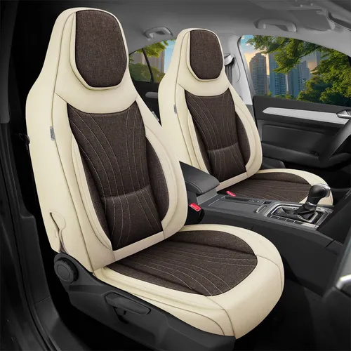 Schonbezüge für Honda HR-V 3 (ab 2021) in Beige/Braun - Hochwertiges Sitzbezugset für die Vorderseite, atmungsaktiv und einfach zu installieren. Mit gepolstertem Design und Seitenairbagkompatibilität für optimalen Komfort.