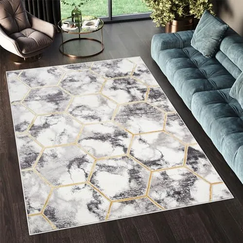 TAPISO Shine Teppich Kurzflor Dunkelgrau Goldene Linien Geometrisch Hexagon Wohnzimmer Schlafzimmer 3D Optik Modern Design ÖKOTEX 80 x 150 cm
