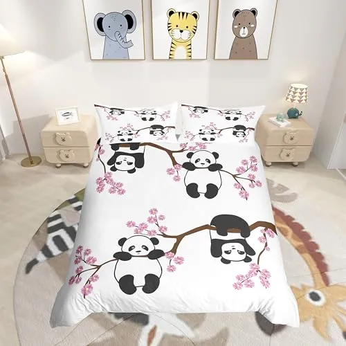 Bettwäsche-Set, Panda, niedlich, für Mädchen, Jungen, Kinder, Cartoon, Riesen, Bettwäsche, Kirschblüten, Bettbezug für Verliebte, Tier, Bettbezug 140 x 200 cm