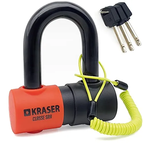 Produktbild KRASER KR50 Diebstahlsicherung Motorrad Bremsscheibenschloss SRA Homologiert genehmigtes Vorhängeschloss Scheibenbremse Solid Mini U Ø18 + Erinnerungskabel, Anti-Diebstahl Motorradschloss Motorroller