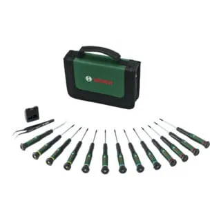 Bosch Home and Garden 1600A039J4 Fein-Schraubendreher-Set - 15-teiliges Präzisionsschraubendreher-Set für feine Arbeiten. Ergonomisches Design und magnetische Spitzen bieten optimale Kontrolle. Mit hochwertigem S2-Stahl für langlebige Leistung und einfacher Farbcodierung zur schnellen Auswahl.
