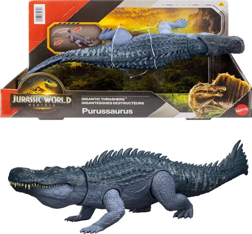 Mattel Jurassic World Purussaurus Gigantic Thrashers Figur - Dinosaurier & prähistorische Kreaturen für Kinder – Riesige 37 cm Figur mit 2 Angriffen und AR-Erlebnis in der Jurassic World App. Perfekt für kleine Dino-Fans!