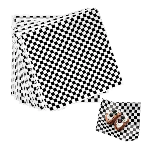 Stück Blatt Wachspapier für Lebensmittel, Schwarz-Weißes Burgerpapier, Checkered Deli Basket Liner Lebensmittelverpackung Papier, Ölbeständig und Perfekt für Snacks 100