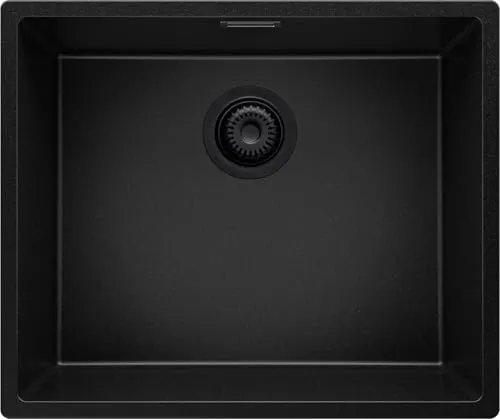 PRIMAGRAN Spülbecken Alles Schwarz 56x47cm, Granitspüle 1 Becken + Ablauf-Set, Küchenspüle ab 60er Unterschrank - London Slim S178
