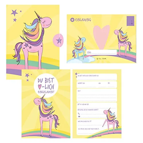 Einladungskarten Geburtstag Einhorn (Mädchen). Handgemachte Einladungskarten Kindergeburtstag inkl. 12 liebevollen Hand designten Briefumschlägen