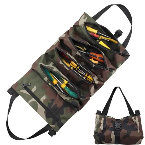 Werkzeug Rolltasche, Canvas Schraubenschlüssel Werkzeugtasche Mehrzweck Rolltasche mit 5 Reißverschlusstaschen Ideal für Klempner Handwerker und Elektriker (Grau)