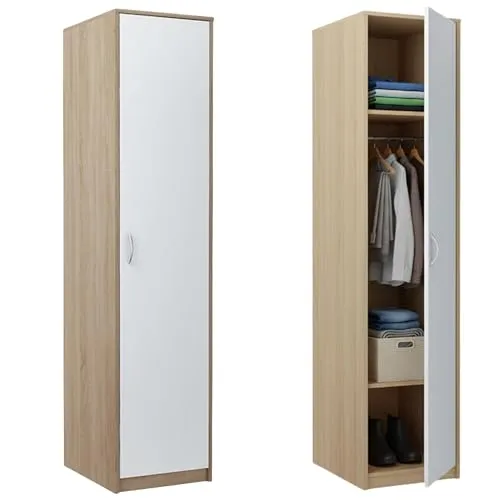 Home Collective Kleiderschrank 1 Tür Sonoma Weiß - Moderner Kleiderschrank mit 1 Tür, 1 Kleiderstange und 2 Einlegeböden. Hochwertige Verarbeitung aus 16 mm laminierter Platte, elegantes mattes Finish und abgerundete Kanten für Sicherheit. Ideal für Schlafzimmer, Wohnzimmer oder Flur.