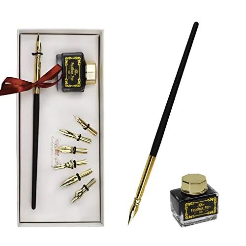 AOMAYLL kaligraphiestifte Set Federhalter,Holz-Füllfederhalter,Schreibmappe mit 7Federn und schwarzer Tinte- Ideal zum Kalligraphie Lernen für Anfänger & Erwachsene. (Gold)