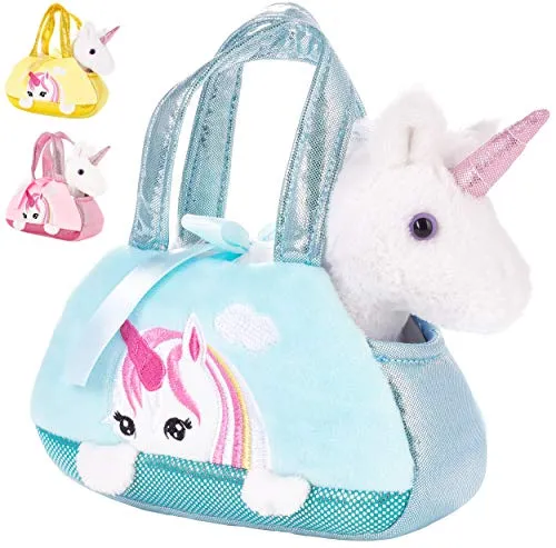 BRUBAKER Einhorn Tasche Weiß - 20 cm - Plüschtier in Handtasche - Plüsch Stofftier Kuscheltier - Mint Blau