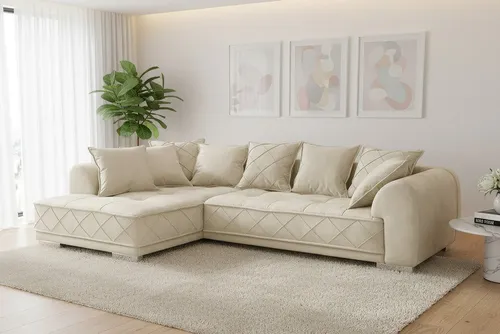 riess-ambiente Big-Sofa DECADENCIA 320cm beige – Samt, XXL, 8 Kissen, variabler Ottomane, Einzelartikel 1 Teile, edle Eckcouch mit Federung & Rundum-Bezug – ideal für große Wohnzimmer