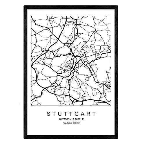 Nacnic Minimalistische Stadtplanen Poster. Geometrische Stil Wanddekoration Abbildung von Stuttgart. Verschiedene Deutsche Stadtkarten, Plänen und Reisen Bilder ohne Rahmen. Größe A4.