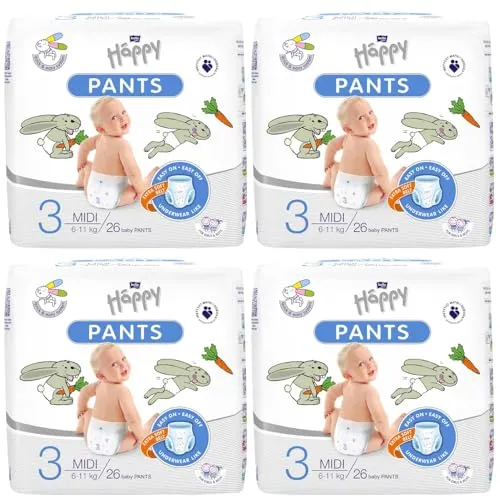 bella baby Happy Windel Pants Gr.3 Midi, 4er Pack (4 X 26 Stück): Windelhöschen für Kinder 6-11 kg, Töpfchen Trainingshose