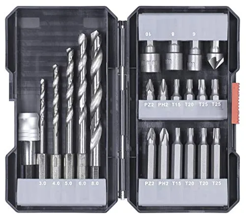 kwb 22-teilige Bit und Bohrer-Box m. Sechkant-Schaft, 5 x HSS Metallbohrer und Bits PH, PZ u. TX im Set inkl. Senker, Bit-Halter u. Steckschlüssel-Bits