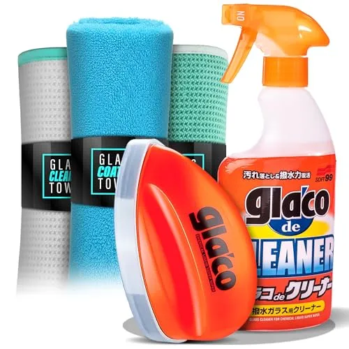 detailmate Autoscheiben Reinigung & Versiegelung Bundle: Soft99 Glaco de Cleaner Glasreiniger 400ml + Soft99 Glaco Q Scheibenversiegelung 75ml + 2x Waffeltuch + detailmate Poliertuch
