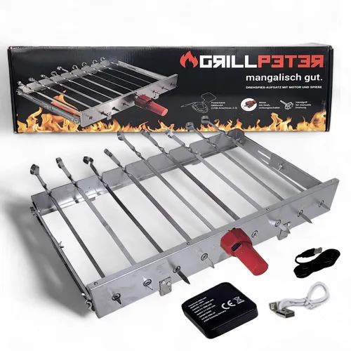 Grillpeter Schaschlikspieße mit Motor Powerbank - Grillspieße für 9 Spieße, motorisiert und ideal für gleichmäßiges Grillen ohne Aufwand.