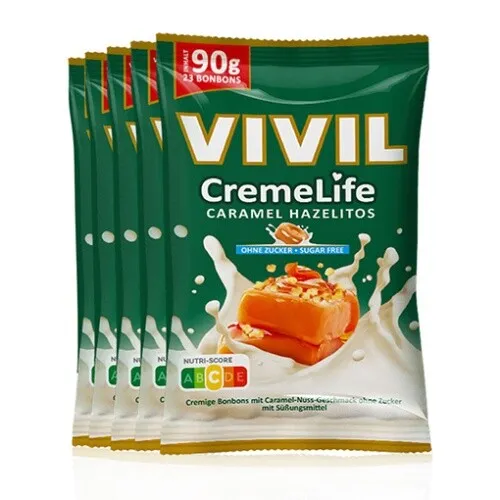 VIVIL Creme Life Caramel Hazelitos Sahnebonbons ohne Zucker | 5 Beutel x 90g