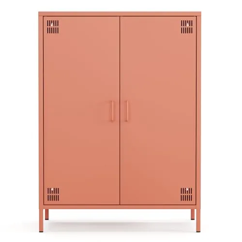 furni24 Metall Sideboard – Küchenschrank mit Türen und verstellbaren Ablagen – Robuste und stilvolle Aufbewahrungslösung für Küche, Wohnzimmer und Esszimmer- mit 2 Türen, Lachsfarben