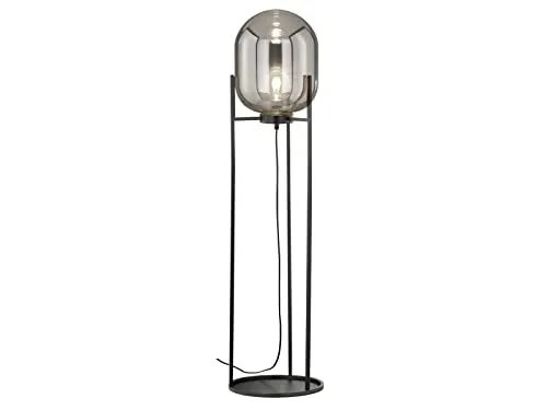 Kleine Fischer Honsel Stehlampe REGI Tripod mit Rauchglas - Moderne Bodenleuchte mit elegantem Tripod-Design, 110 cm hoch, aus schwarzem Metall und rauchfarbigem Glas, ideal für stilvolle Innenräume. Einfache Bedienung mit Fußschalter.