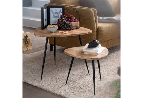 FINEBUY Satztisch FB54893 - 2er Set Akazie Massivholz und Metall - Ablagetische im Industrial Style, aus robustem Akazienholz mit eleganten Haarnadelbeinen, ideal für Wohnzimmer und Büro, leicht transportierbar und platzsparend ineinanderstellbar.