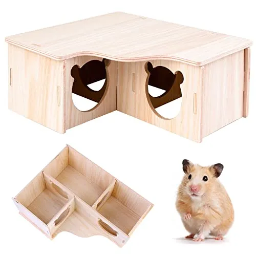 Hamster Eckhaus,Meerschweinchen Haus,Holz Hamsterhaus,3 Kammernnager Haus Hamster-Versteckhaus Holz für Kleine Haustiere Chinchilla Ratte,Zwerghamster, Rennmäuse, Degus,Stachelmäuse