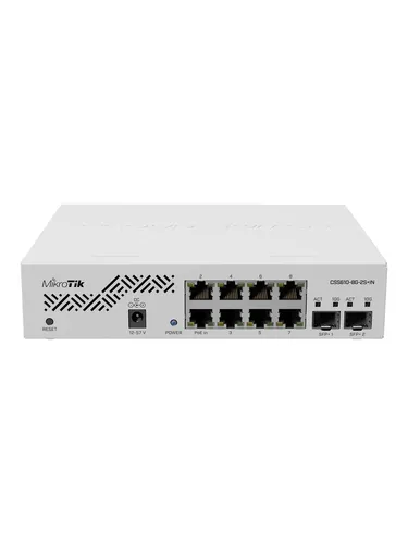 MikroTik CSS610-8G-2S+IN Cloud Smart Switch - 10-Port Switch mit 8x 1G RJ45 und 2x 10G SFP+, ideal für flexible Netzwerklösungen, sowohl desktop- als auch rackmontierbar.
