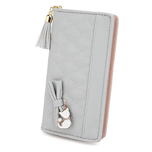 UTO Geldbörse Damen PU Leder Große Kapazität Brieftasche süßer Katze-Anhänger Portemonnaie Kartenhalter Mädchen für Valentinstag Muttertag Geburtstag Gedenktag Weihnachten Neujahr Grau