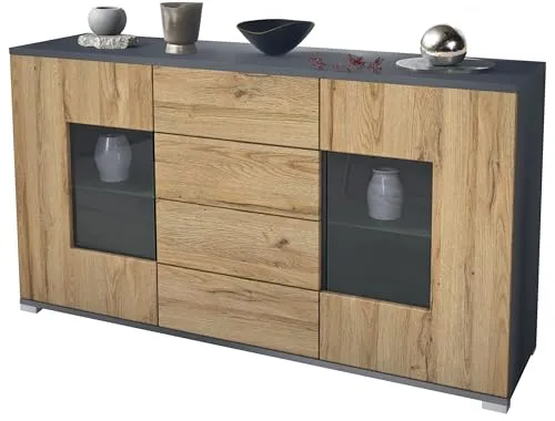 Sideboard Grömitz V1, Kommode mit 2 großen Türen und 4 Schubladen, Anthrazit matt/Eiche Natur (138,5 x 75,5 x 35)
