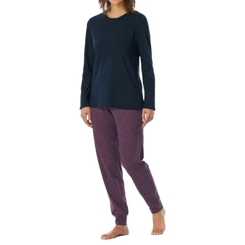 Uncover by Schiesser Damen Schlafanzug Set - Schlafanzüge für Damen, bequemes Set mit langarm Shirt und langer Schlafhose in Nachtblau, ideal für erholsame Nächte.