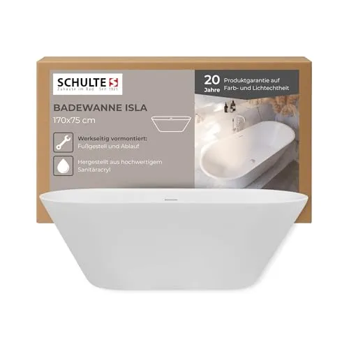 Schulte freistehende Badewanne Isla 170x75 cm - Luxuriöses Komplettset - Sanitäranlagen & Zubehör: Elegante freistehende Badewanne aus robustem Sanitäracryl, doppelwandige Konstruktion für Stabilität und Isolierung, inkl. Push-Up Ablaufgarnitur und Schlitzüberlauf.