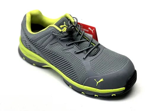 PUMA Halbschuh 643880 S1P ESD grau/limette Gr. 39 - S1-Sicherheitsschuhe mit metallfreier Fiberglaskappe und rutschfester Gummisohle, ideal für sicheren Halt bei hohen Temperaturen bis 300°C.