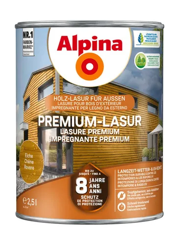 Alpina Lasur Premium-Lasur 2,5 Liter seidenmatt - Holzlasuren mit bis zu 8 Jahren Wetterschutz, ideal für raue Bedingungen - extrem wasserabweisend und UV-beständig.