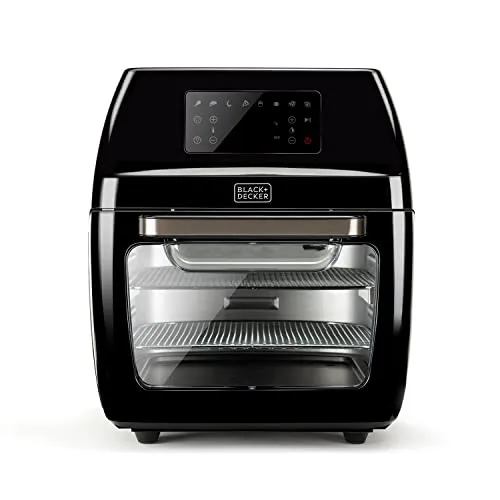 BLACK+DECKER Heißluftfritteuse und Backofen BXAFO1200E - Heißluftfritteuse mit 12L Kapazität und 8 voreingestellten Programmen für ölfreies Frittieren, Grillen und Backen. Digitale Steuerung und 1700W Leistung für schnelles, gesundes Kochen.