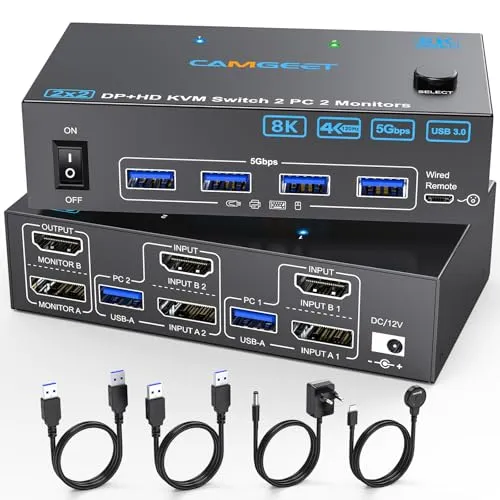 Displayport HDMI KVM Switch 2 PC 2 Monitore 4K@144Hz, Camgeet USB3.0 Dual Monitor KVM Switches für 2 computer teilen sich 2 monitore und 4 USB3.0 Geräte. Mit Desktop Controller, DC12V Adapter