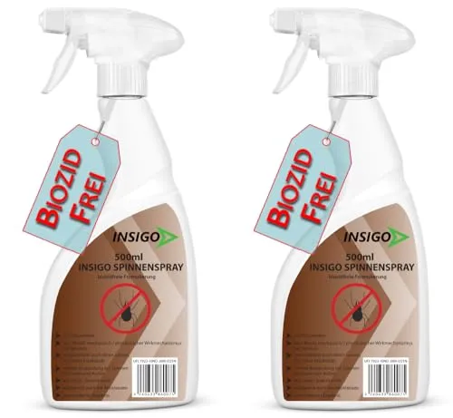 Biozidfreie Spinnen Abwehr 2x500ml – INSIGO Spinnen Spray - Insekten- & Schädlingsbekämpfungsspray für innen, bietet sofortige Stopp-Wirkung gegen Spinnen und hinterlässt keine Flecken – die mechanische Formulierung sorgt für nachhaltigen Schutz.